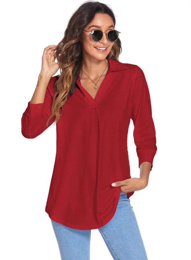 Newchoice Womens Collared V Neck 3/4 Sleeve Shirts Business Casual Tops Loose Work Blouses (M-3XL), Red, XL - Image 5