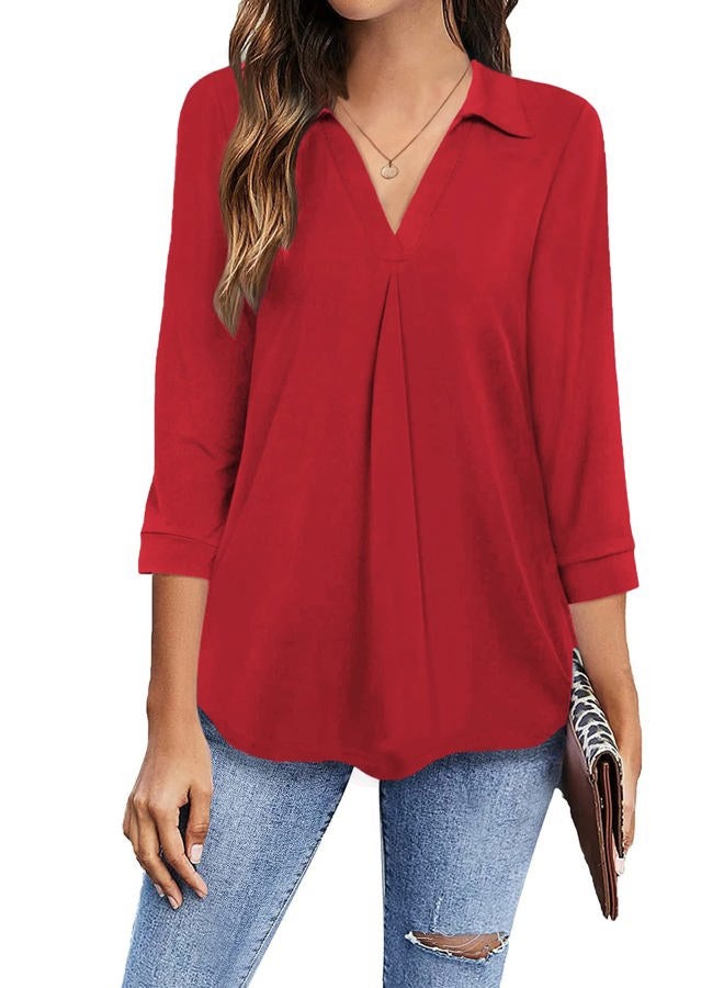 Newchoice Womens Collared V Neck 3/4 Sleeve Shirts Business Casual Tops Loose Work Blouses (M-3XL), Red, XL - Image 1