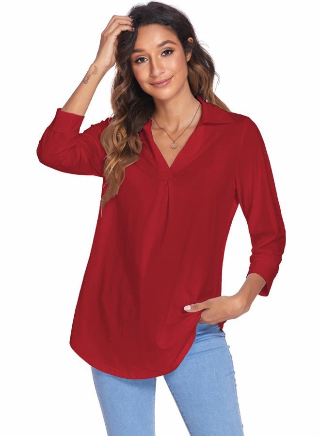 Newchoice Womens Collared V Neck 3/4 Sleeve Shirts Business Casual Tops Loose Work Blouses (M-3XL), Red, XL - Image 4
