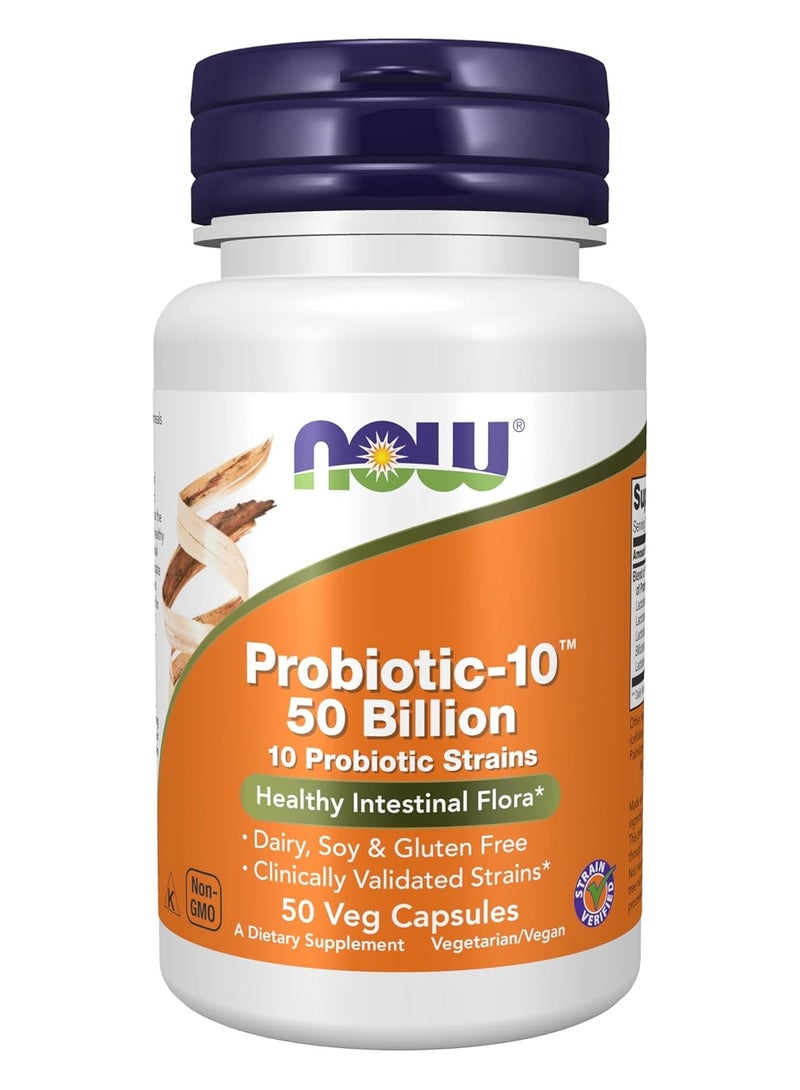 now NOW Foods Supplements, Probiotic-10, 50 Billion, with 10 Probiotic Strains, Strain Verified, 50 Veg Capsules