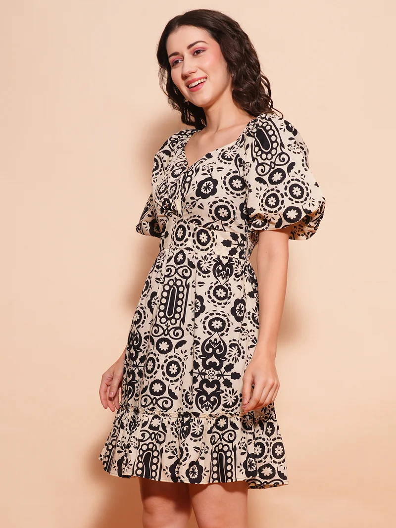 globus Women Printed Puff Sleeve Fit & Flare Dress