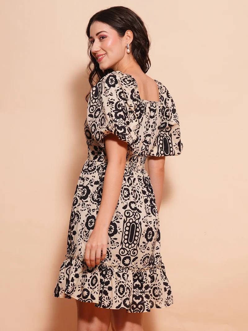 globus Women Printed Puff Sleeve Fit & Flare Dress