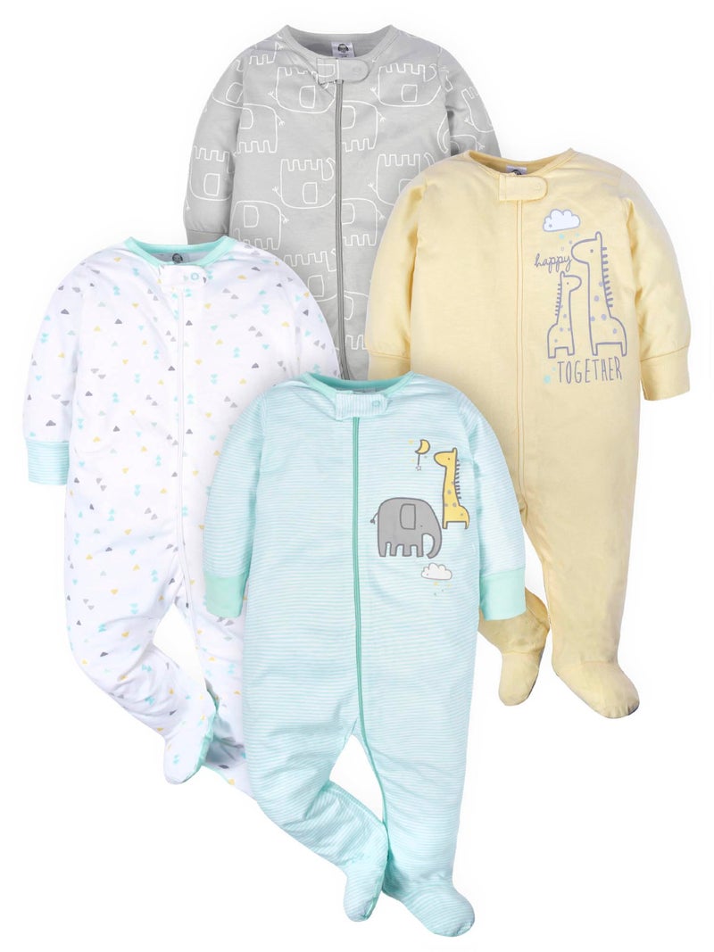 Gerber Unisex Baby 4 Pack Sleep 'N Play Footie Animals Green Preemie - Image 1