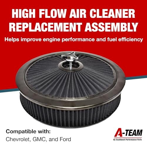 A-Team Performance فلتر هواء جسم الخانق عالي التدفق الأسود من A-Team Performance - 14" × 3" دائري - قابل للغسل وإعادة الاستخدام - مجموعة فلتر هواء كربوريتر بتدفق كامل مع صمولة جناح - متوافق مع شيفروليه، جي إم سي وفورد - Image 2