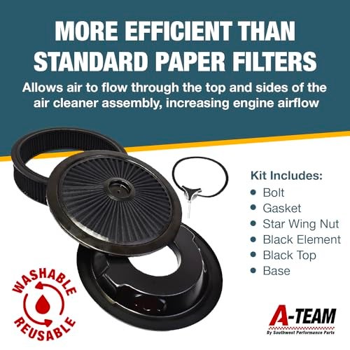 A-Team Performance فلتر هواء جسم الخانق عالي التدفق الأسود من A-Team Performance - 14" × 3" دائري - قابل للغسل وإعادة الاستخدام - مجموعة فلتر هواء كربوريتر بتدفق كامل مع صمولة جناح - متوافق مع شيفروليه، جي إم سي وفورد - Image 3