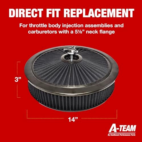 A-Team Performance فلتر هواء جسم الخانق عالي التدفق الأسود من A-Team Performance - 14" × 3" دائري - قابل للغسل وإعادة الاستخدام - مجموعة فلتر هواء كربوريتر بتدفق كامل مع صمولة جناح - متوافق مع شيفروليه، جي إم سي وفورد - Image 4
