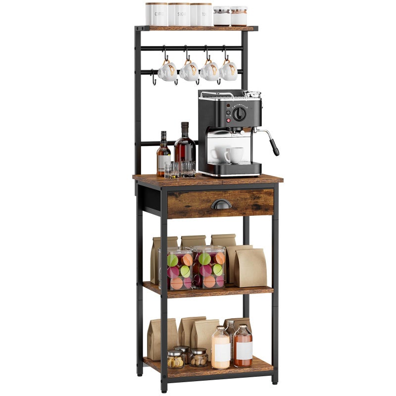 YMYNY 5 Tier Coffee Bar Station, Coffee Stand with Fabric Drawers, 8 S-Shaped Hooks, Corner Bar Cabinet, Height Adjustable, Bakers Rack for Kitchen, Living Room, Rustic Brown HBR009H - Image 1
