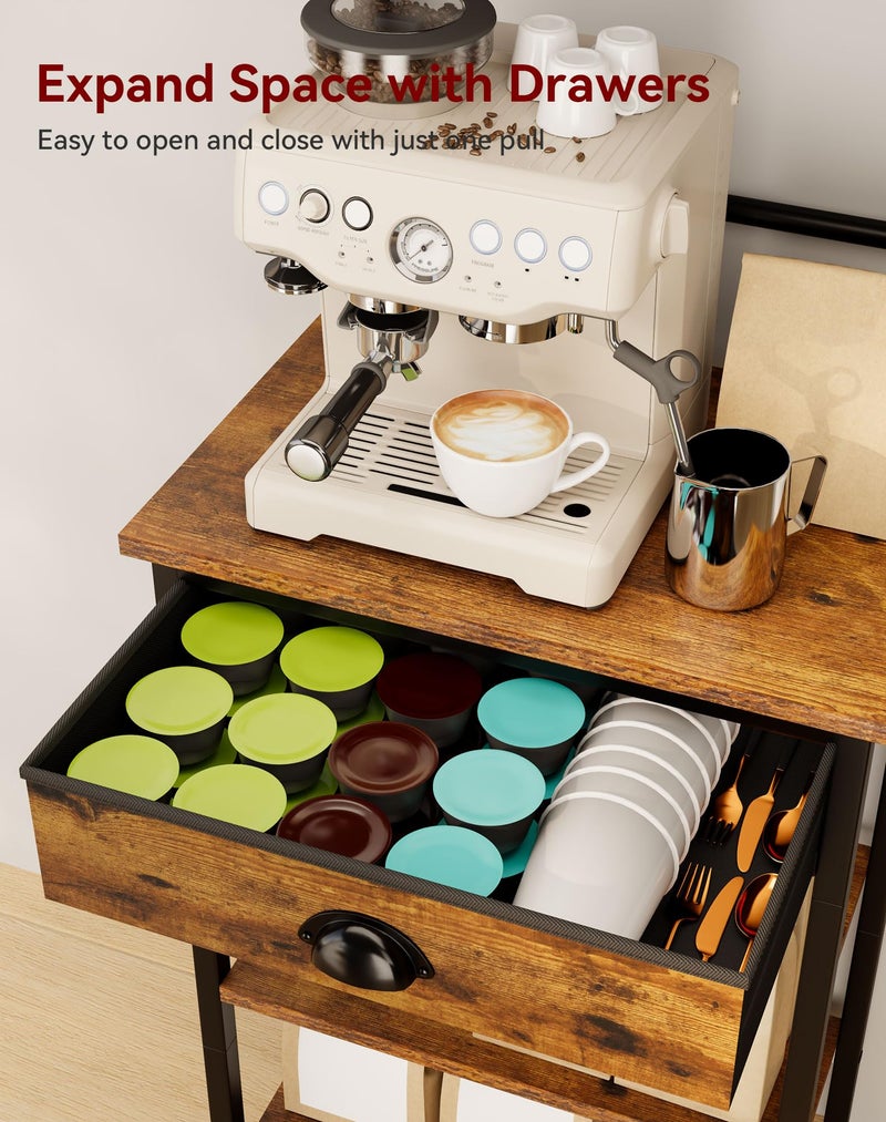 YMYNY 5 Tier Coffee Bar Station, Coffee Stand with Fabric Drawers, 8 S-Shaped Hooks, Corner Bar Cabinet, Height Adjustable, Bakers Rack for Kitchen, Living Room, Rustic Brown HBR009H - Image 4
