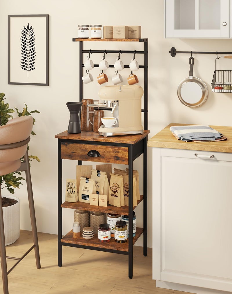 YMYNY 5 Tier Coffee Bar Station, Coffee Stand with Fabric Drawers, 8 S-Shaped Hooks, Corner Bar Cabinet, Height Adjustable, Bakers Rack for Kitchen, Living Room, Rustic Brown HBR009H - Image 2