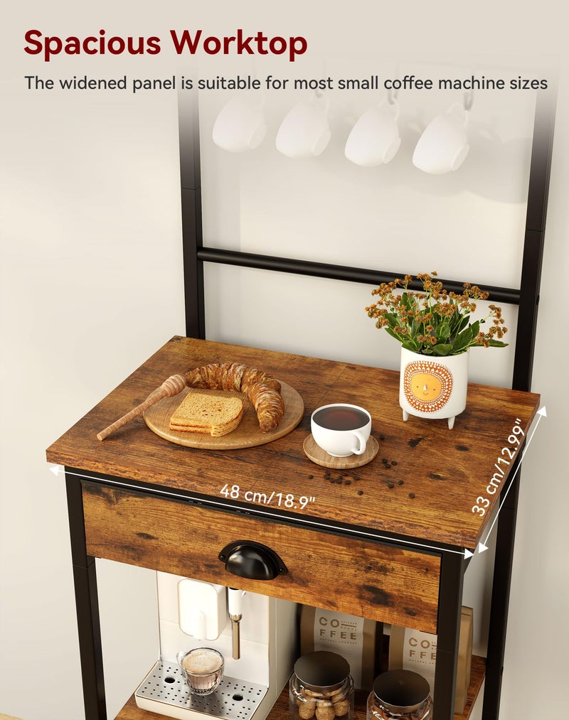YMYNY 5 Tier Coffee Bar Station, Coffee Stand with Fabric Drawers, 8 S-Shaped Hooks, Corner Bar Cabinet, Height Adjustable, Bakers Rack for Kitchen, Living Room, Rustic Brown HBR009H - Image 3