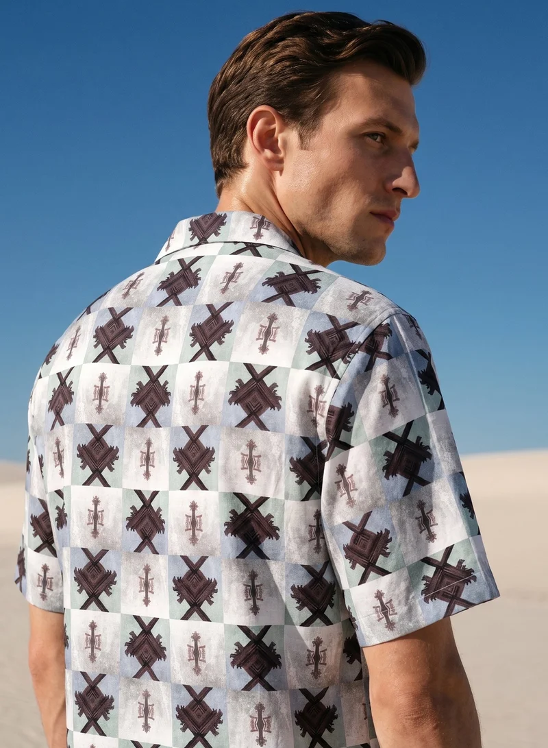 Tezhhomayaa  Dynarche Cuban Collar Half Sleeve Shirt – Geometric Pattern for Men | Best Price UAE