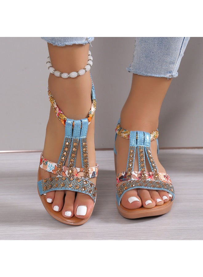 Summer New Arrival Korean Style Fashionable Fish Beak Set Feet Wedge Heel Fashionable Casual Large Size  Rhinestone Roman Sandals