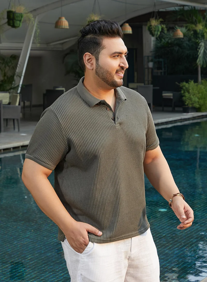 انستافاب بلس Instafab Plus Men's Sacramento Green Solid Ribbed Polo T-Shirt For Casual Wear | Polo Neck | Short Cuffed Sleeves | Half-Button Closure | Plus Size T-Shirt Crafted With Comfort Fit For Everyday Wear