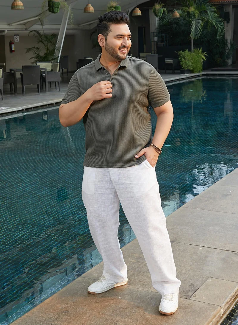 انستافاب بلس Instafab Plus Men's Sacramento Green Solid Ribbed Polo T-Shirt For Casual Wear | Polo Neck | Short Cuffed Sleeves | Half-Button Closure | Plus Size T-Shirt Crafted With Comfort Fit For Everyday Wear