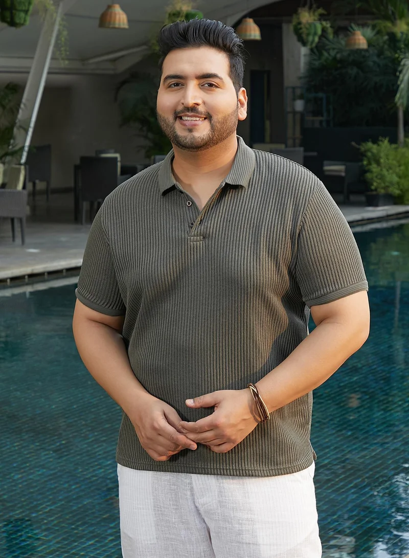 انستافاب بلس Instafab Plus Men's Sacramento Green Solid Ribbed Polo T-Shirt For Casual Wear | Polo Neck | Short Cuffed Sleeves | Half-Button Closure | Plus Size T-Shirt Crafted With Comfort Fit For Everyday Wear