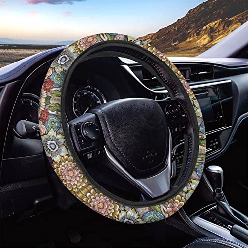 AFPANQZ Boho Floral Bright Blossoms Car Steering Wheel Covers for Womens Anti-Slip Comfortable Stretch-on Steering Wheel Protector Cover Sweat Absorption Cover Car Accessories - Image 1