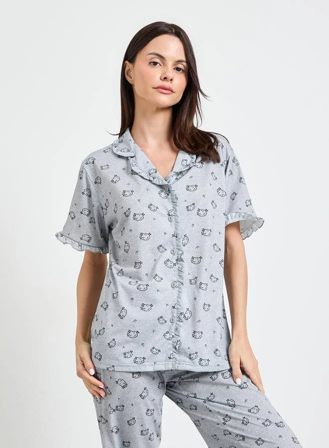 Styli Grey Ruffle Seam Detail Sheep Print Shirt and Pyjama Set