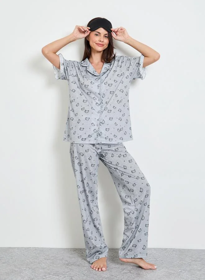 Styli Grey Ruffle Seam Detail Sheep Print Shirt and Pyjama Set