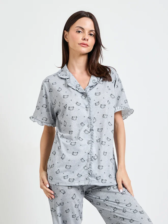 Styli Styli Grey Ruffle Seam Detail Sheep Print Shirt and Pyjama Set