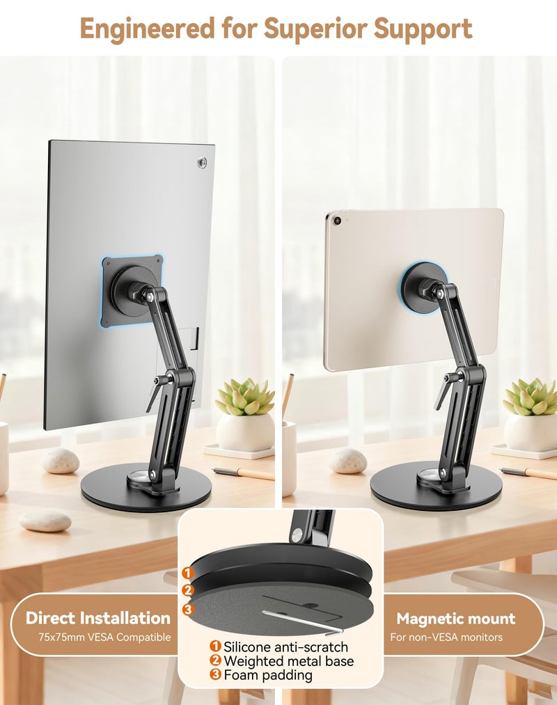 Jakeko Magnetic Portable Monitor Stand 15.6" - up to 16" 18.5 inch Tablet Holder for iPad VESA Mount 75mm for Desk Adjustable Foldable 360Â° Swivel (Up to 18.5'') - Image 4