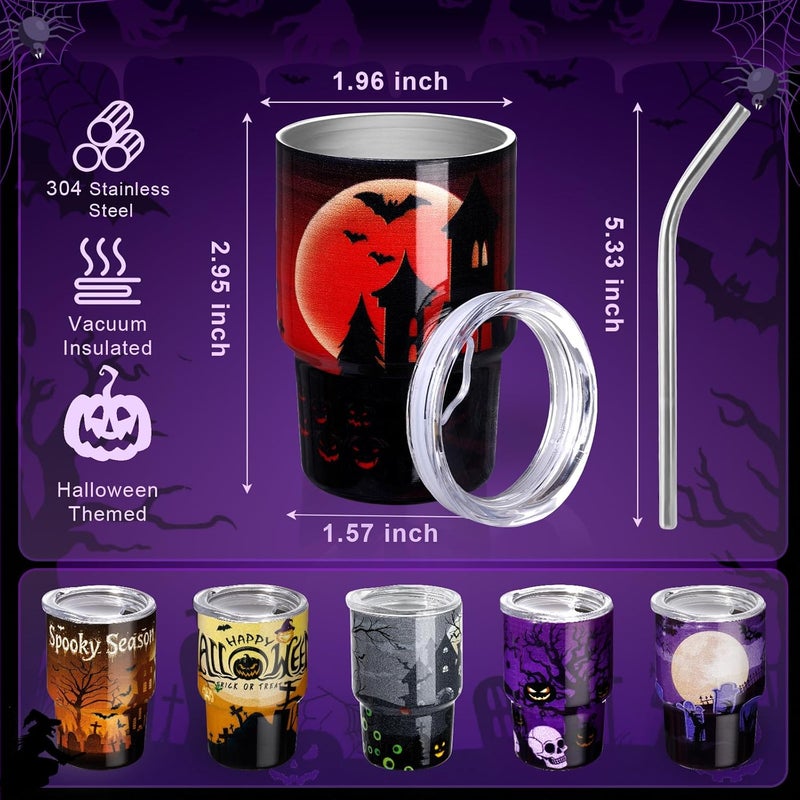 FOGWOWO 6 Pack 3 oz Halloween Shot Glasses Mini Tumblers with Straw and Lid,Pumpkin Ghost Skulls Tombstone Halloween Party Favors Spooky Shot Glass Stainless Steel Vacuum Insulated Mini Cup for Cocktail Party - Image 4