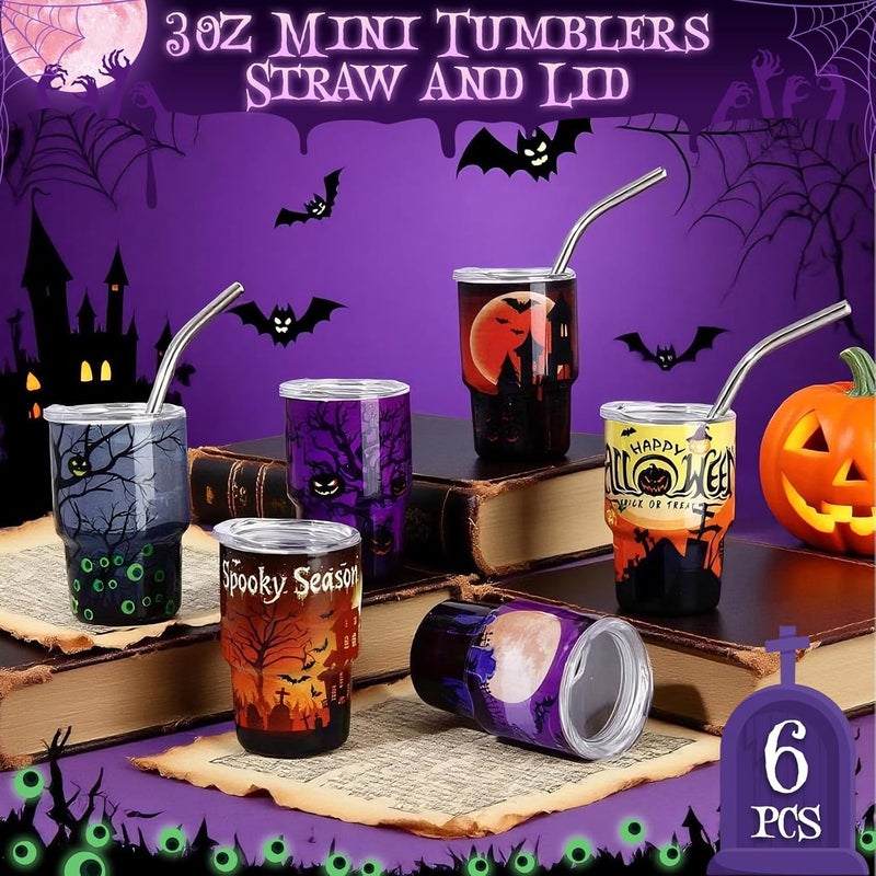 FOGWOWO 6 Pack 3 oz Halloween Shot Glasses Mini Tumblers with Straw and Lid,Pumpkin Ghost Skulls Tombstone Halloween Party Favors Spooky Shot Glass Stainless Steel Vacuum Insulated Mini Cup for Cocktail Party - Image 3