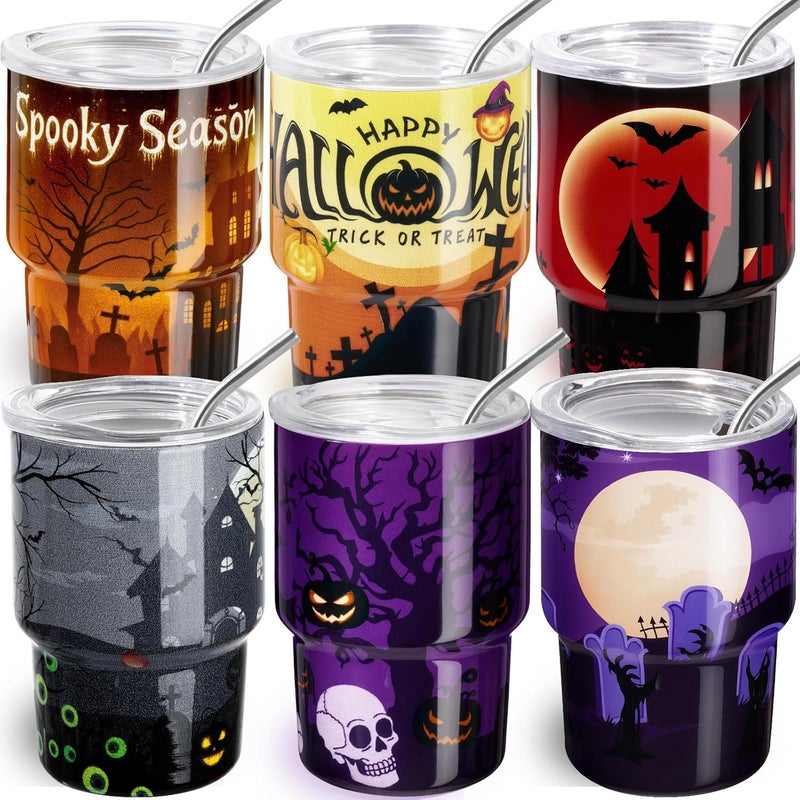 FOGWOWO 6 Pack 3 oz Halloween Shot Glasses Mini Tumblers with Straw and Lid,Pumpkin Ghost Skulls Tombstone Halloween Party Favors Spooky Shot Glass Stainless Steel Vacuum Insulated Mini Cup for Cocktail Party - Image 1