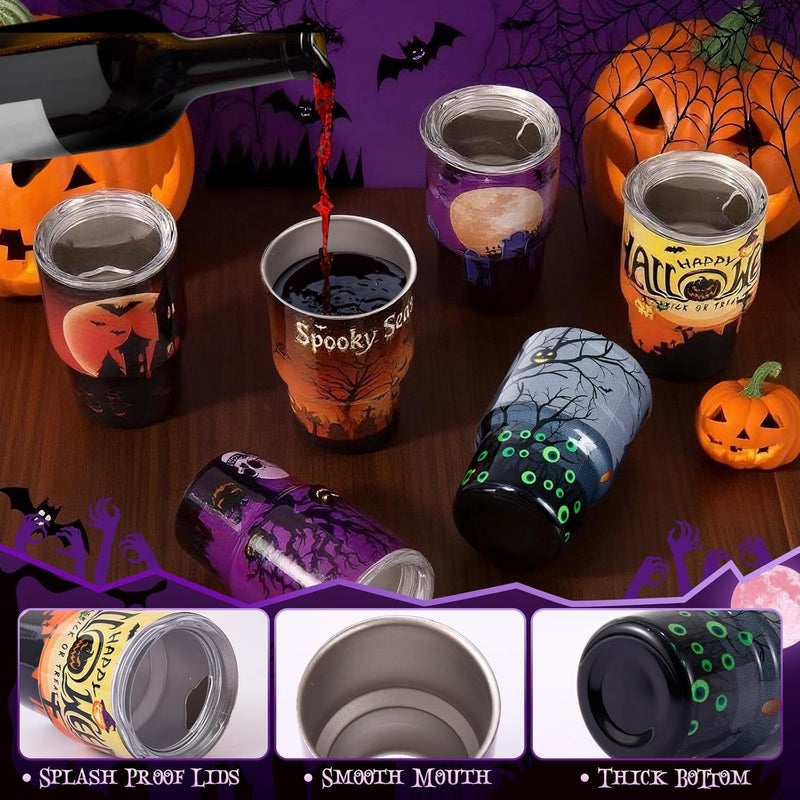 FOGWOWO 6 Pack 3 oz Halloween Shot Glasses Mini Tumblers with Straw and Lid,Pumpkin Ghost Skulls Tombstone Halloween Party Favors Spooky Shot Glass Stainless Steel Vacuum Insulated Mini Cup for Cocktail Party - Image 5