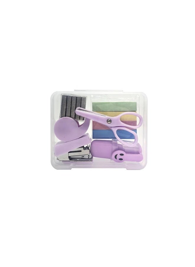 HASTHIP® 6 Pcs Stationery Items Set with Mini Stapler Machine, Staples, Colored Label Stickers, Clear Tape Dispenser, Craft Scissors, Writing Marker Pen for School Students Office Desk Supplies
