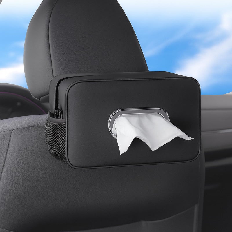 Pcnjozx Multi-Functional Car Tissue Holder with â€Œ2 Storage Nets, Upgraded PU Leather Tissue Box Cover, Large Rectangle Napkin Organizer Fit for 100-160 Regular Size Tissues, Keep Car Tidy, Black - Image 1