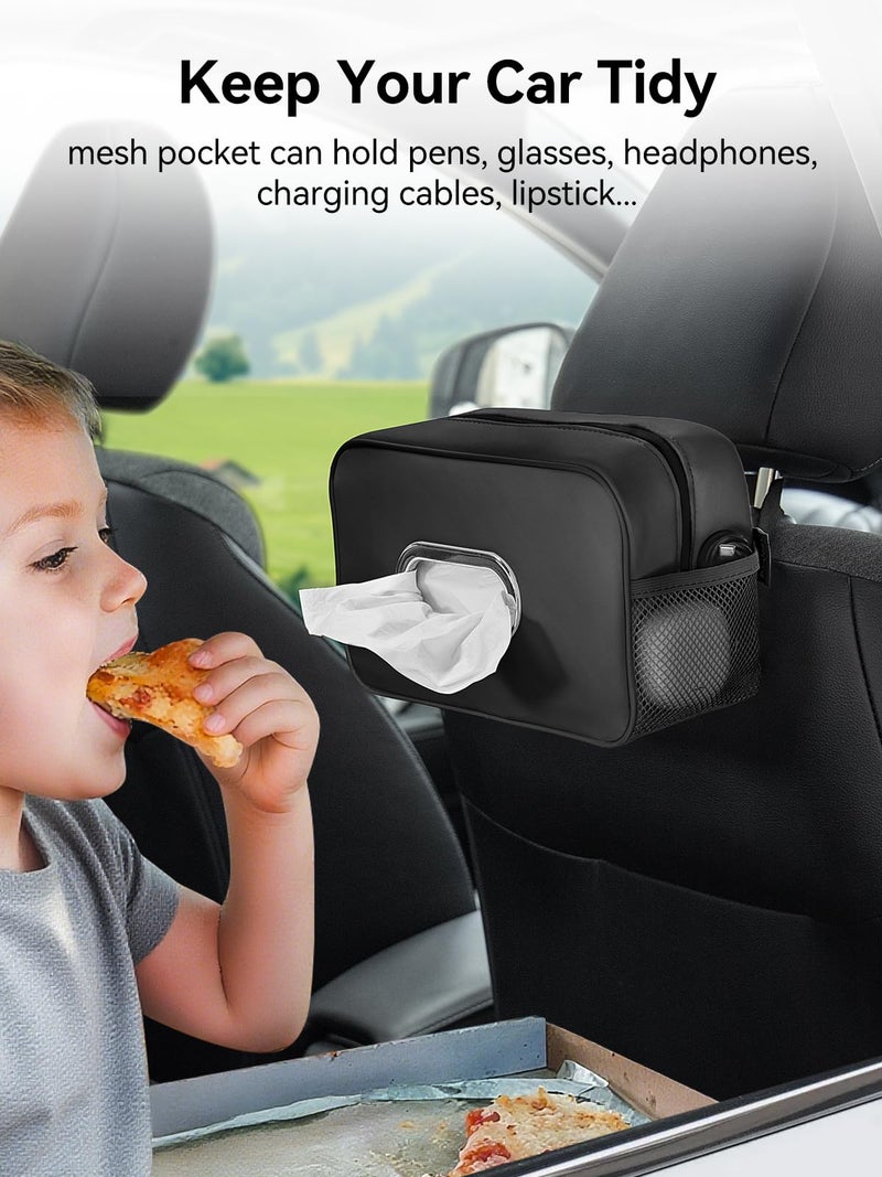 Pcnjozx Multi-Functional Car Tissue Holder with â€Œ2 Storage Nets, Upgraded PU Leather Tissue Box Cover, Large Rectangle Napkin Organizer Fit for 100-160 Regular Size Tissues, Keep Car Tidy, Black - Image 2