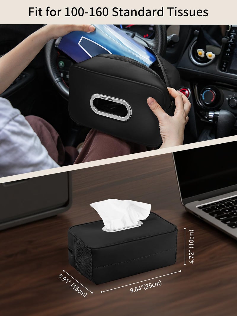 Pcnjozx Multi-Functional Car Tissue Holder with â€Œ2 Storage Nets, Upgraded PU Leather Tissue Box Cover, Large Rectangle Napkin Organizer Fit for 100-160 Regular Size Tissues, Keep Car Tidy, Black - Image 5