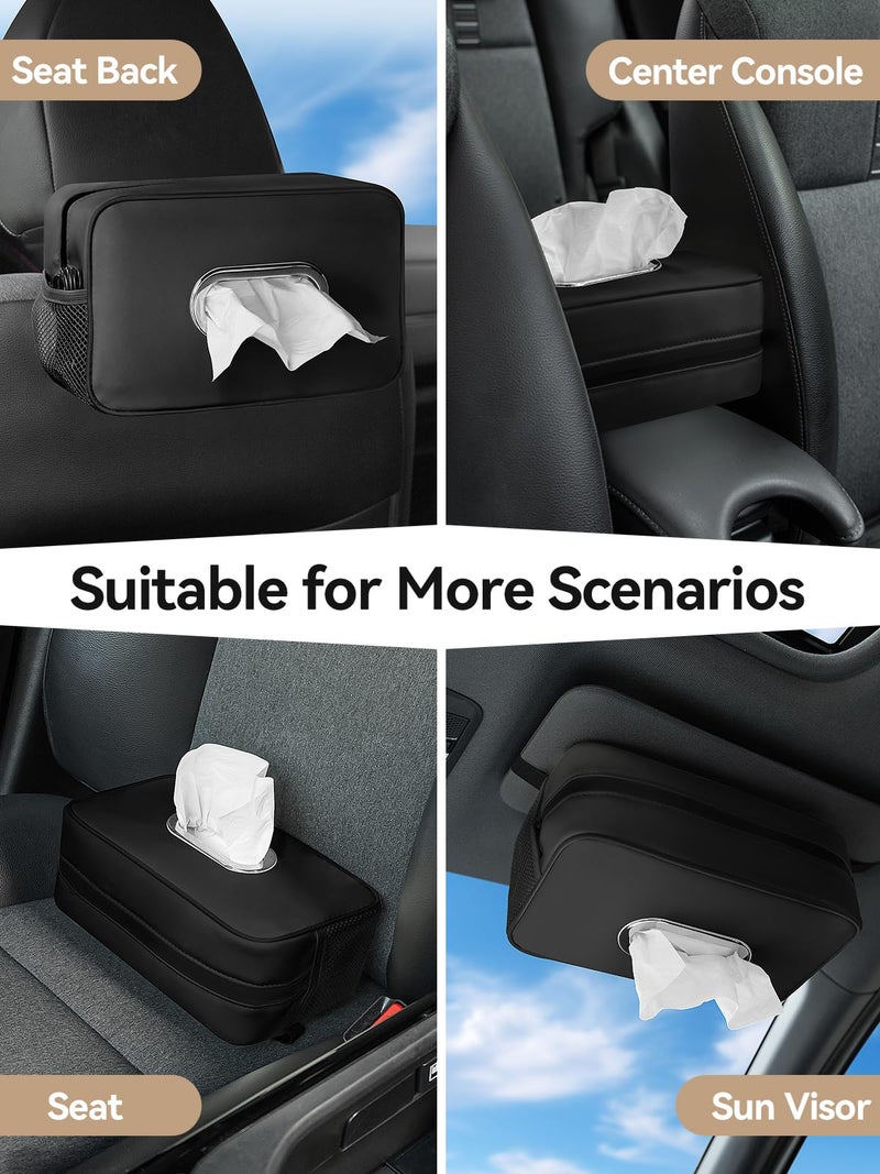 Pcnjozx Multi-Functional Car Tissue Holder with â€Œ2 Storage Nets, Upgraded PU Leather Tissue Box Cover, Large Rectangle Napkin Organizer Fit for 100-160 Regular Size Tissues, Keep Car Tidy, Black - Image 3