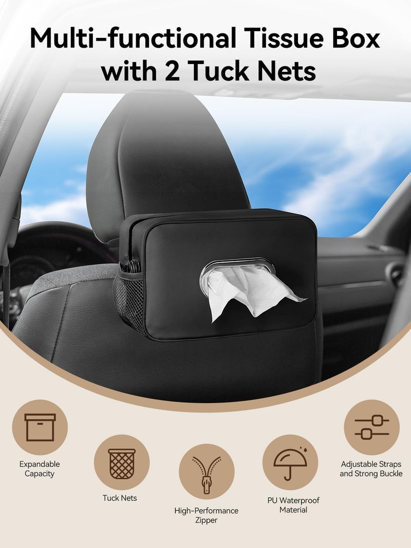 Pcnjozx Multi-Functional Car Tissue Holder with â€Œ2 Storage Nets, Upgraded PU Leather Tissue Box Cover, Large Rectangle Napkin Organizer Fit for 100-160 Regular Size Tissues, Keep Car Tidy, Black - Image 4