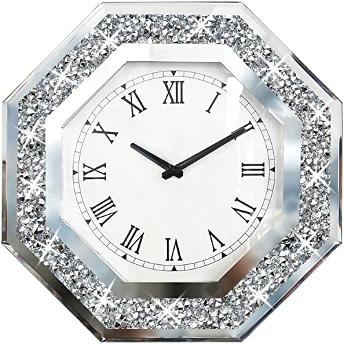 XIHACTY Wall Clock Octagon Mirror Glass Clock Cute Diamond 12inch NonTicking Clock for Wall Dcor Perfect Home Decor for Bedroom Bathroom Motif Dining RoomExcluding Batteries
