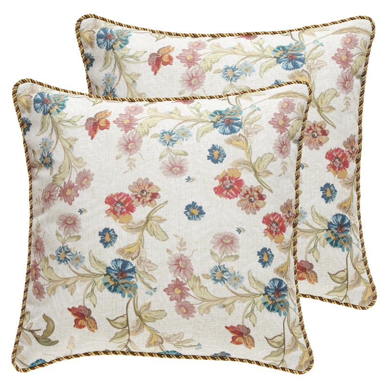 patdrea Designer Pack of 2 Square Throw Pillow CoversFarmhouse Pink and Yellow Linen with Floral Pattern Pillows CoverDecorative Pillowcases Cushion for Bed Living Room Outdoor Car18x18 - Image 2