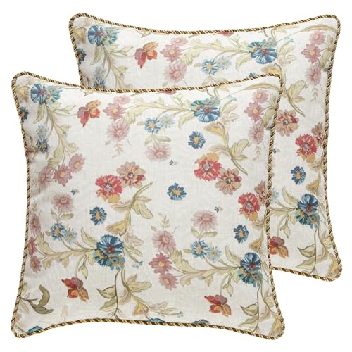 patdrea Designer Pack of 2 Square Throw Pillow CoversFarmhouse Pink and Yellow Linen with Floral Pattern Pillows CoverDecorative Pillowcases Cushion for Bed Living Room Outdoor Car18x18 - Image 1