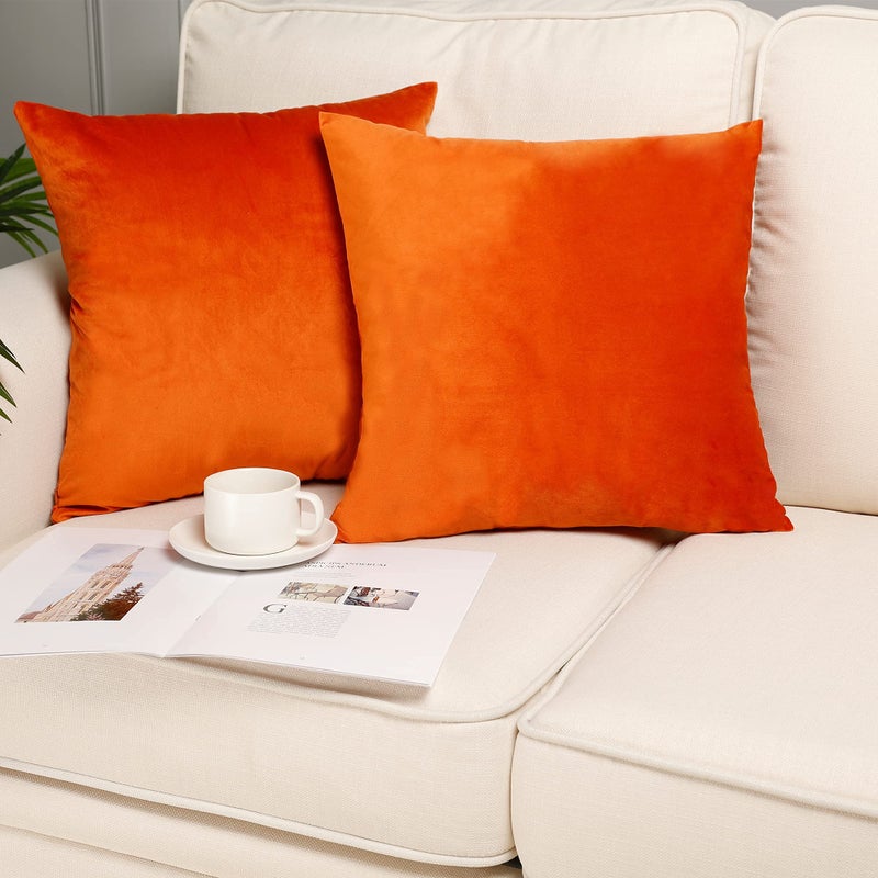 MZPSO Pack of 2 Velvet Super Soft Solid Decorative Square Throw Pillows Covers Set Cushion Case for Sofa Bedroom Car 18 x 18 Inch 45 x 45 cm Orange
