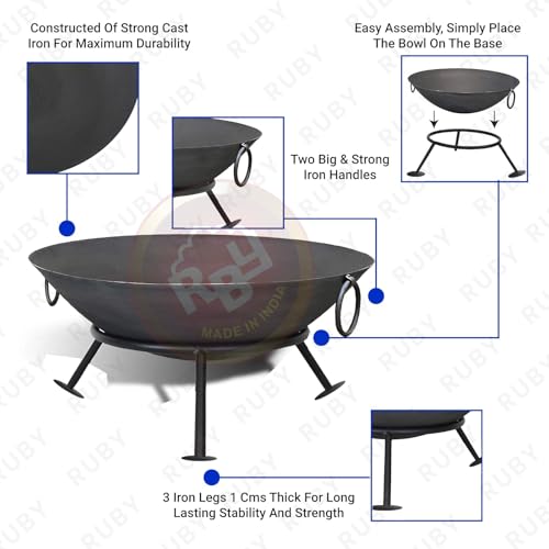 RBY Campfire 3 Piece Fire Pit Set 16.5 Inch Iron Bowl 4.5 Inch Stand and 21 Inch Poker Bonfire Camping Outdoor Lohri Party Heavy Duty BBQ Heating Fire Basket Angeethi Chulha Sigdi 10 Year Warranty - Image 3