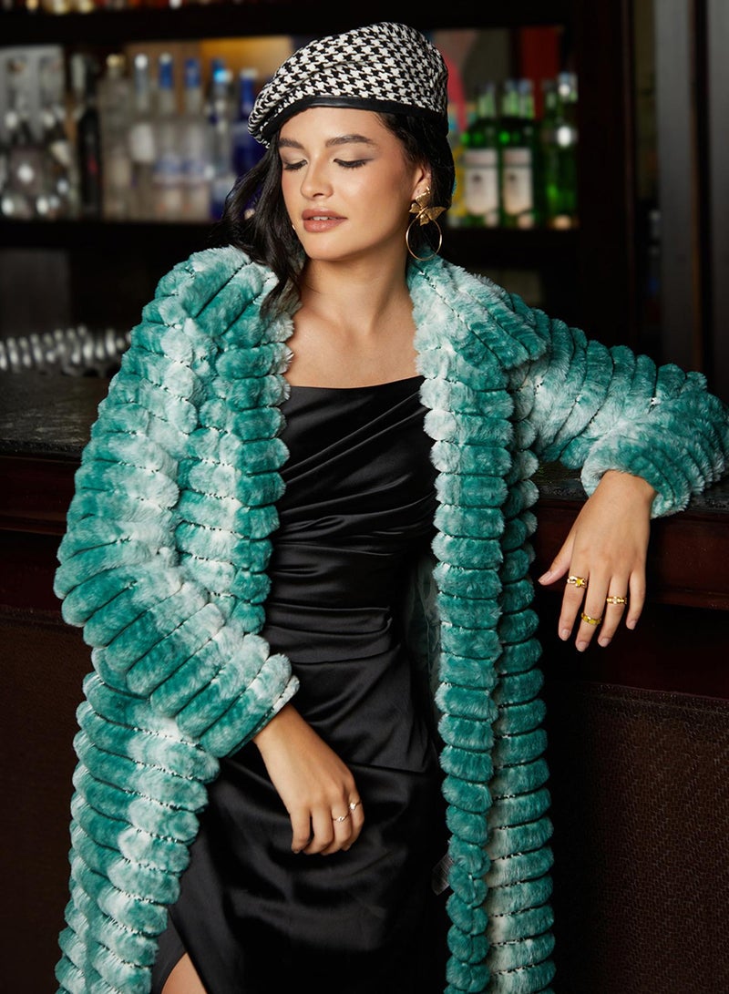 Campus Sutra Women's Forest Green Ombre Ripple Long Coat For Casual Wear | Point Collar  | Long Sleeve | Pull On Closure | Coat Crafted With Comfort Fit For Everyday Wear - Image 1