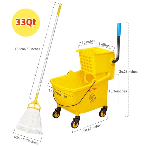 MRDARENSU 33 Qt Commercial Mop Bucket, with Side-Press Wringer on Wheels. Includes an Industrial Mop. Yellow Industrial Mop Bucket, Suitable for Home, Commercial, Restaurant Cleaning - Image 2