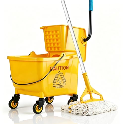 MRDARENSU 33 Qt Commercial Mop Bucket, with Side-Press Wringer on Wheels. Includes an Industrial Mop. Yellow Industrial Mop Bucket, Suitable for Home, Commercial, Restaurant Cleaning - Image 1
