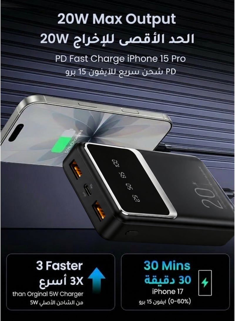 Levino 20000mAh Power Bank with 20W USB-C PD Fast Charging, Dual USB & Type-C PD Port, Portable External Battery Pack with LED Digital Display, High-Speed Power Bank for iPhone 16/15/14/13/12, Samsung Galaxy S25/S24/S23/S22, Huawei, Xiaomi, Google Pixel, iPad & Android Phones, Flight Approved, Black - Image 4