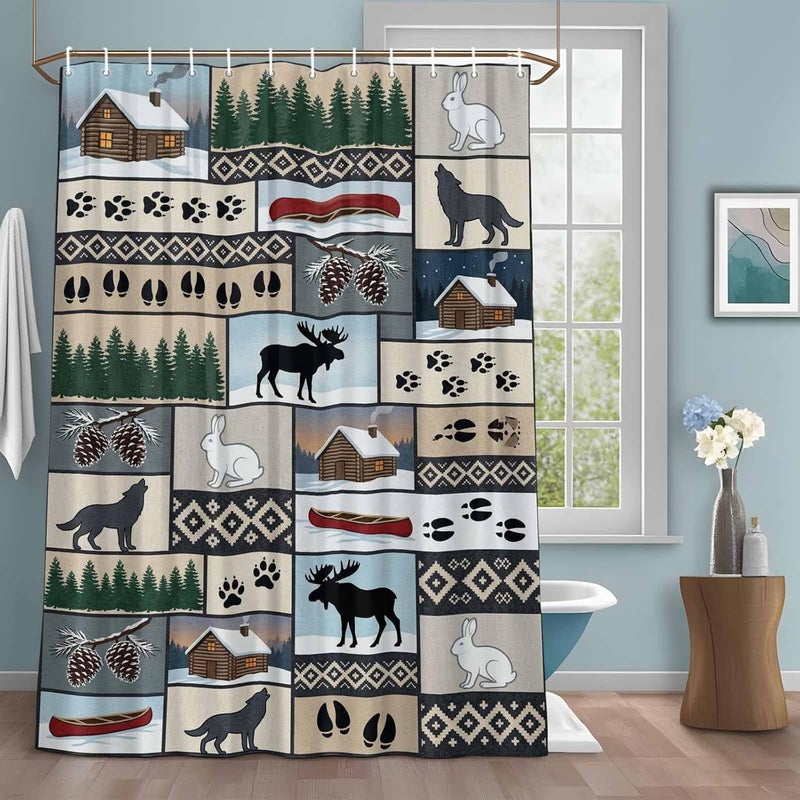 Animal Patchwork Shower Curtain with 12 Hooks Country Forest Farmhouse Rabbit Wolf Footprints Waterproof Fabric Shower Curtains Sets for Bathroom Bath Decorations, Machine Washable, 60"x72" - Image 1