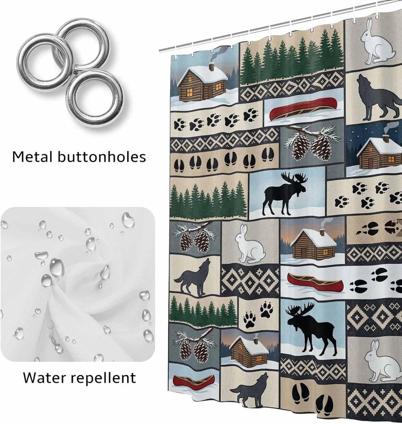 Animal Patchwork Shower Curtain with 12 Hooks Country Forest Farmhouse Rabbit Wolf Footprints Waterproof Fabric Shower Curtains Sets for Bathroom Bath Decorations, Machine Washable, 60"x72" - Image 4