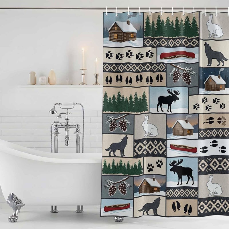 Animal Patchwork Shower Curtain with 12 Hooks Country Forest Farmhouse Rabbit Wolf Footprints Waterproof Fabric Shower Curtains Sets for Bathroom Bath Decorations, Machine Washable, 60"x72" - Image 5
