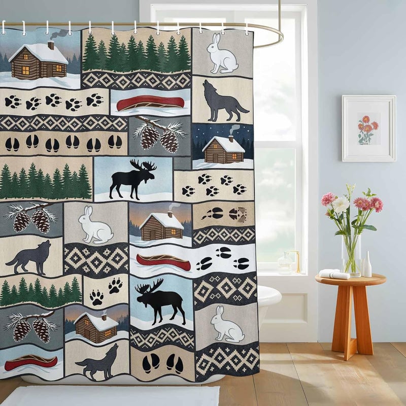 Animal Patchwork Shower Curtain with 12 Hooks Country Forest Farmhouse Rabbit Wolf Footprints Waterproof Fabric Shower Curtains Sets for Bathroom Bath Decorations, Machine Washable, 60"x72" - Image 3