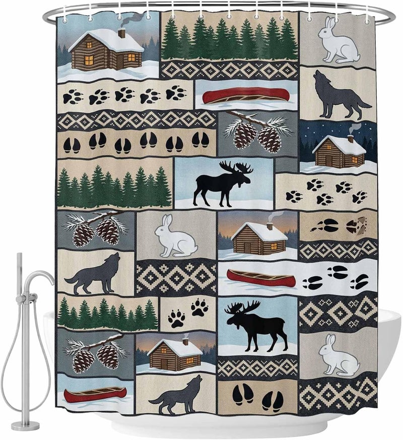 Animal Patchwork Shower Curtain with 12 Hooks Country Forest Farmhouse Rabbit Wolf Footprints Waterproof Fabric Shower Curtains Sets for Bathroom Bath Decorations, Machine Washable, 60"x72" - Image 2