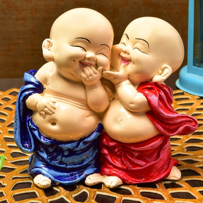 Karigaari India Handcrafted Resine Little Laughing Buddha Monk Sculpture Showpiece for Home Dcor and Office Blue - Image 2
