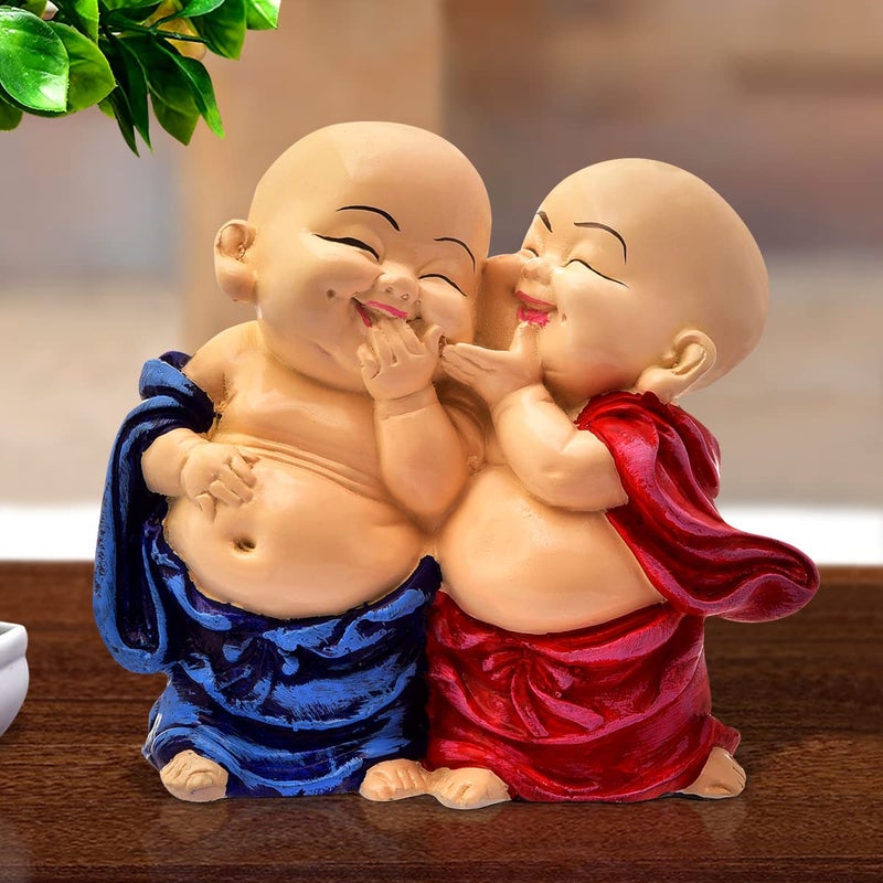 Karigaari India Handcrafted Resine Little Laughing Buddha Monk Sculpture Showpiece for Home Dcor and Office Blue - Image 1